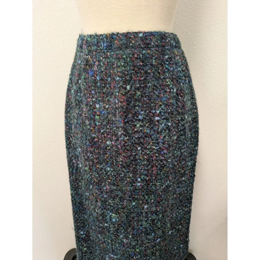 Vintage Y2K Blue Multicolored Rainbow Wool Blend Tweed Boucle Pencil Skirt sz XS